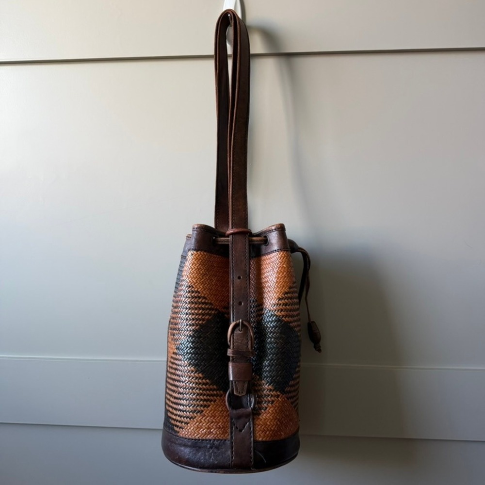 VTG Bali Woven Leather Bucket Bag Women Large Brown Tribal Drawstring Boho Purse